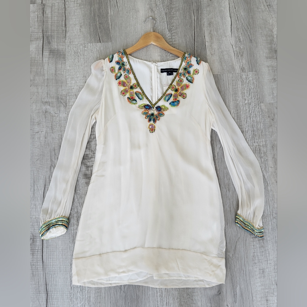 French Connection 100% Silk white Colorful Multi Sequin Shift Dress  8